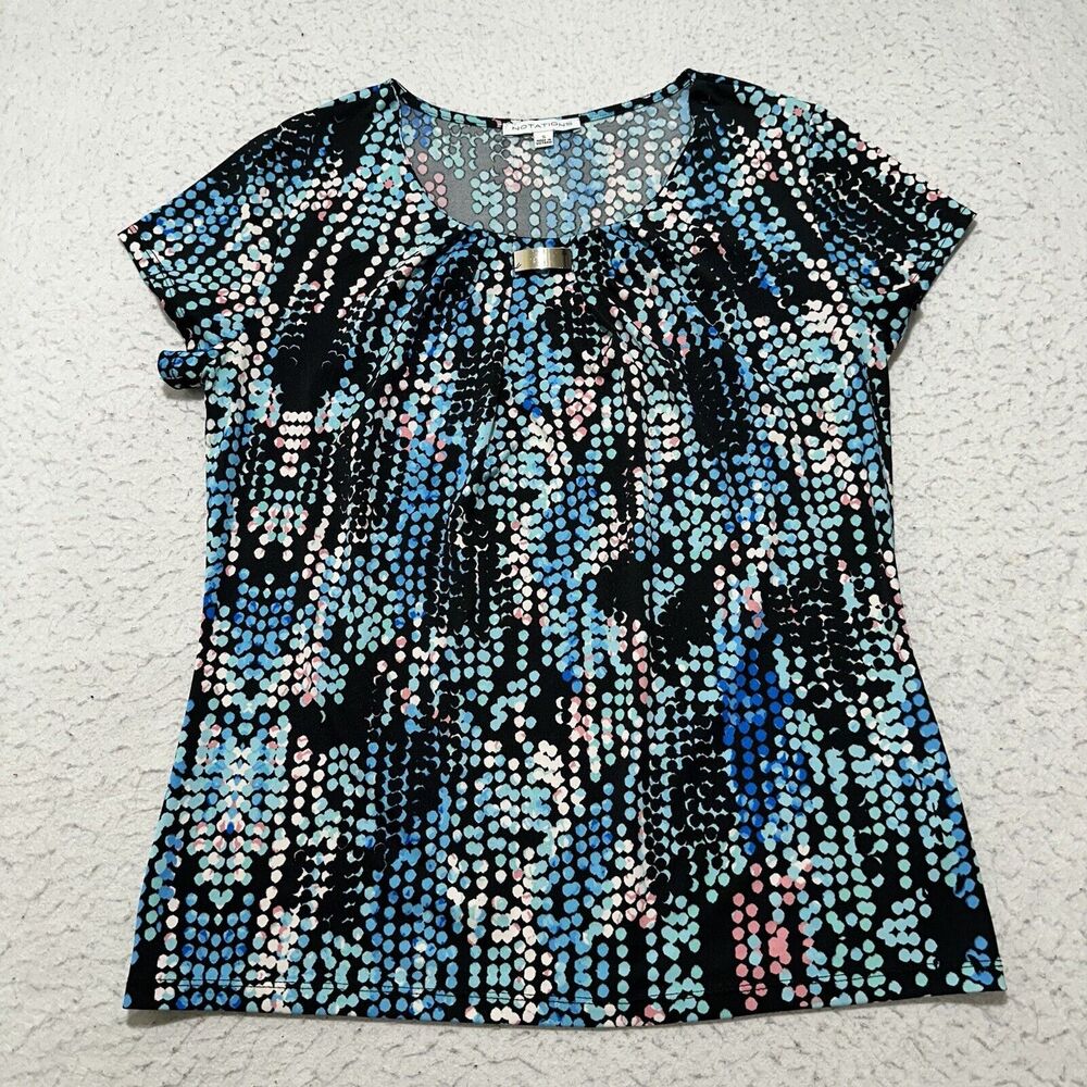 Notations Women's Small Short Sleeve Crewneck T Shirt Blue Black Blouse Top